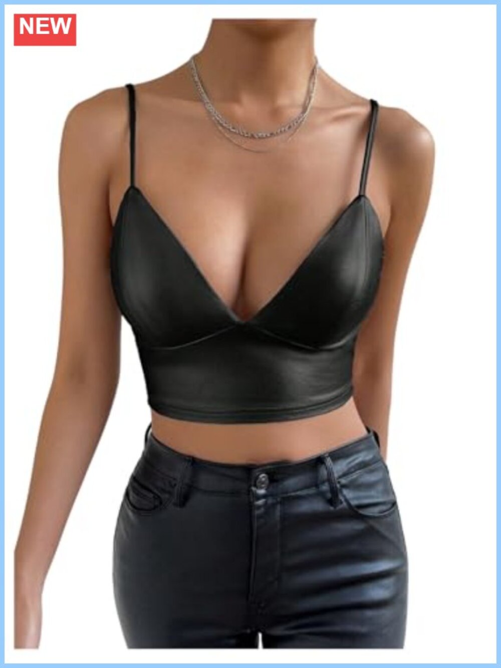 PU Leather Crop Cami Top Slim Fit V Neck Adjustable Spaghetti Strap